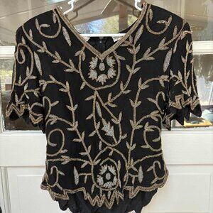 Elegant Vintage Laurence Kazar New York Black Beaded Evening Wear Top XL